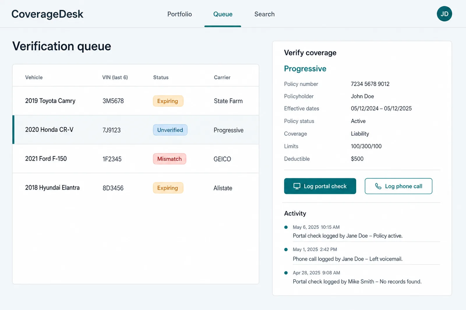 CoverageDesk operations queue interface