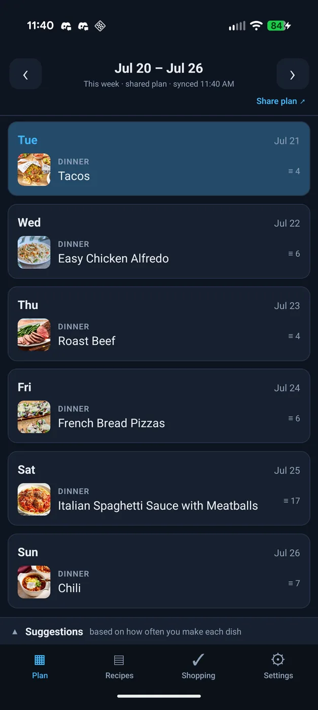 DinnerShark meal planning interface